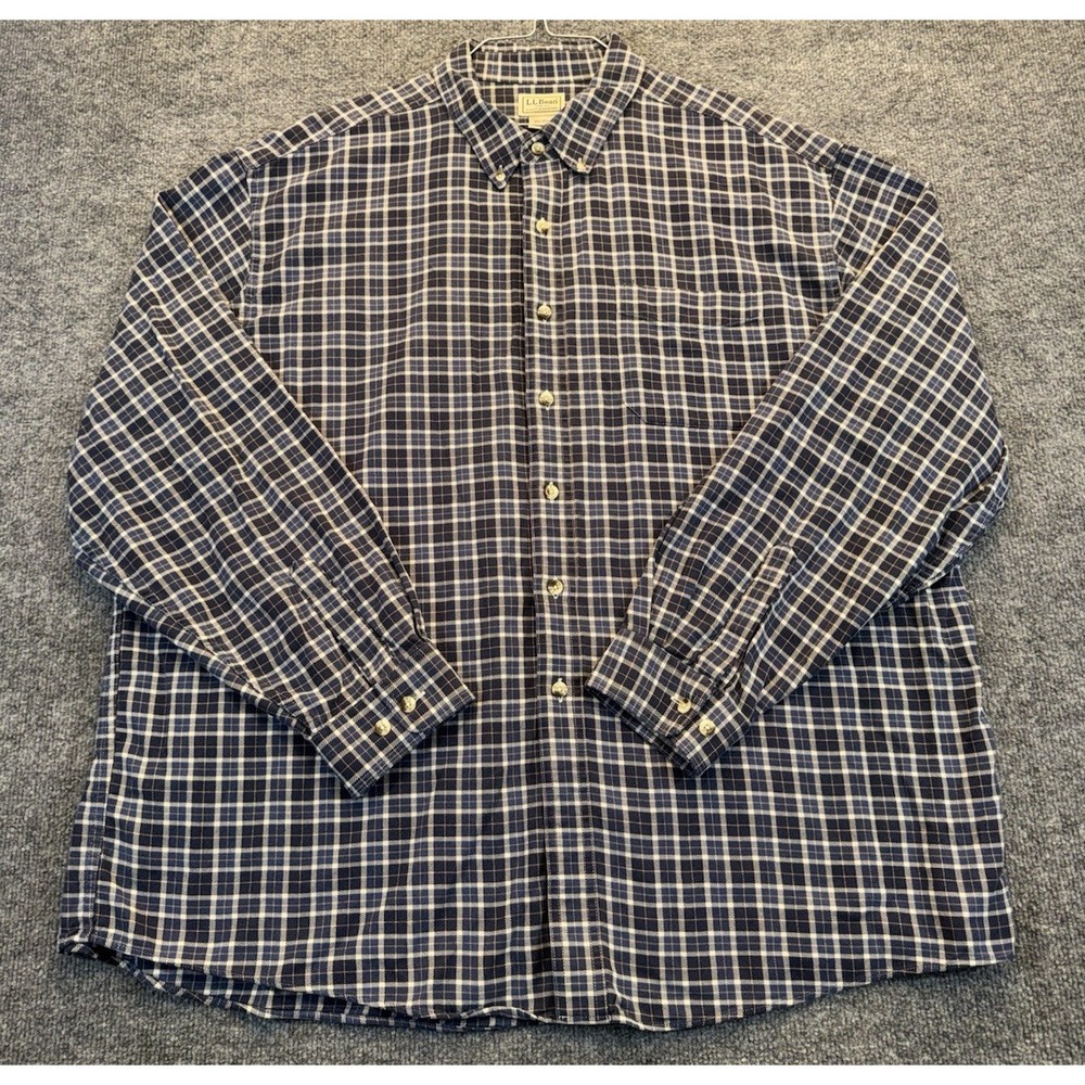 L.L.Bean Men's Size XXL Blue Plaid Button Front Shirt Long Sleeve Cotton